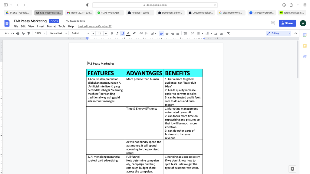 product features, advantages benefits in google document